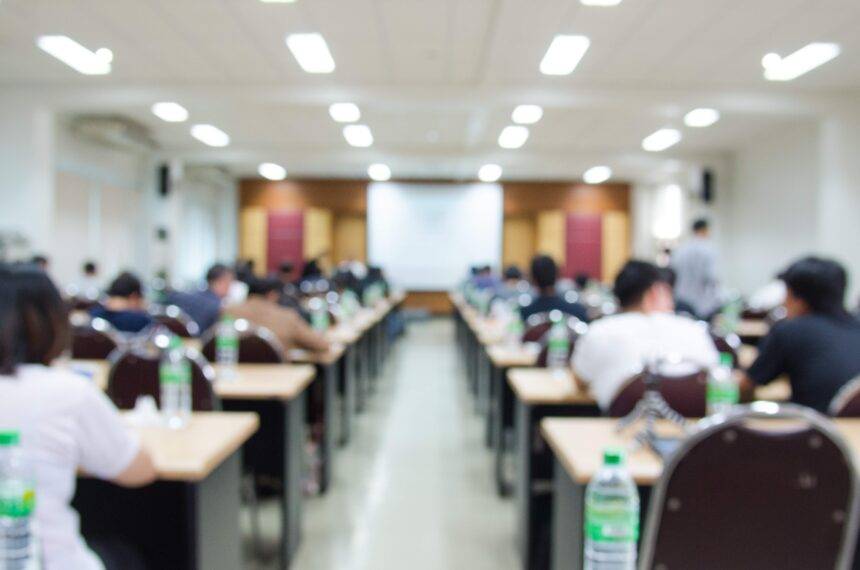 Abstract blur background of conference hall or seminar room, shallow depth of focus.